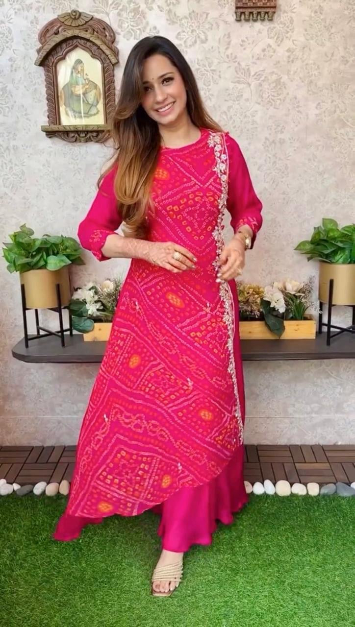 Pink/ Red/Yellow Bandhej Embroidered Festive Gown