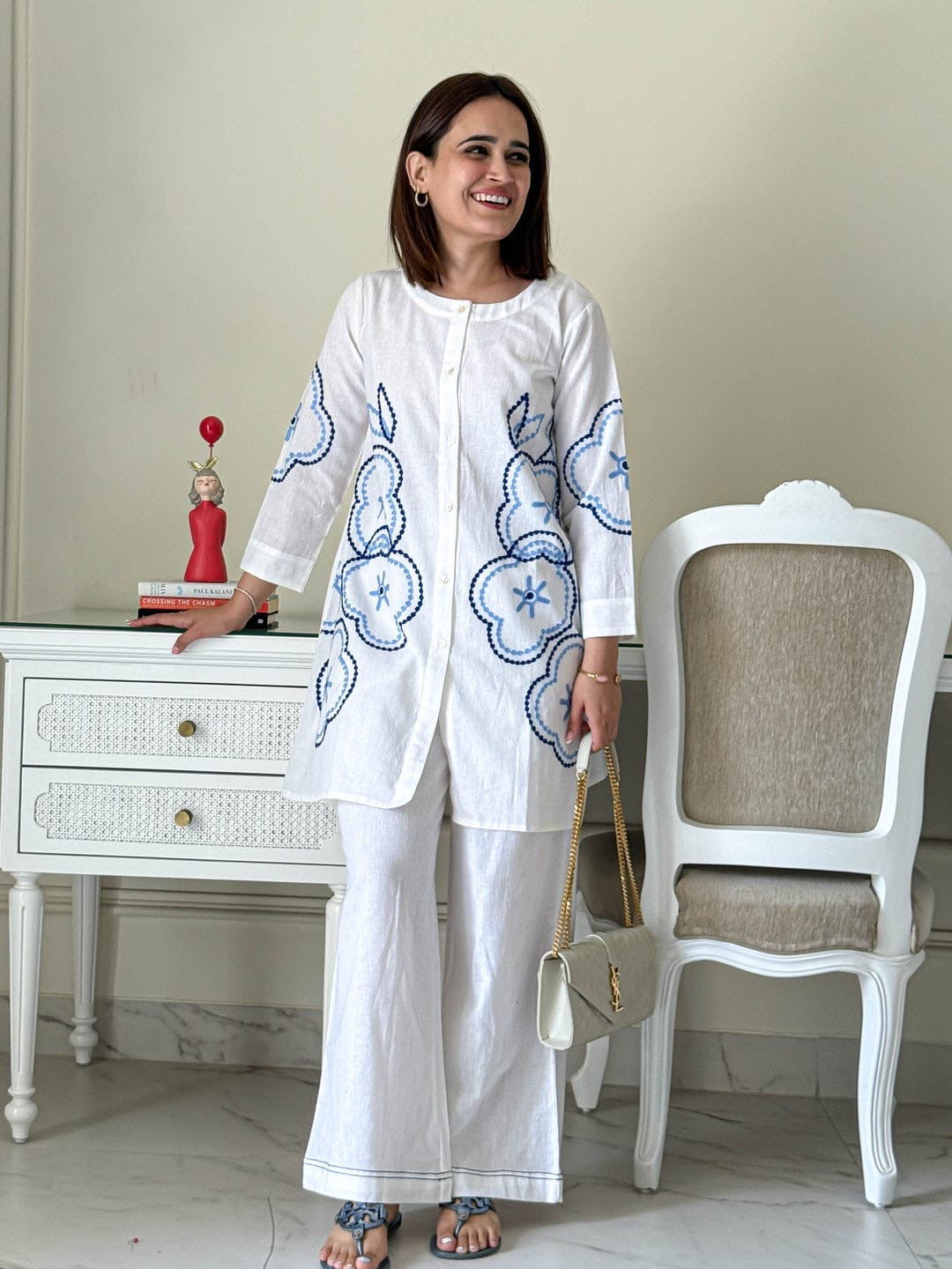 White/Blue/Black Embroidered Coord Set
