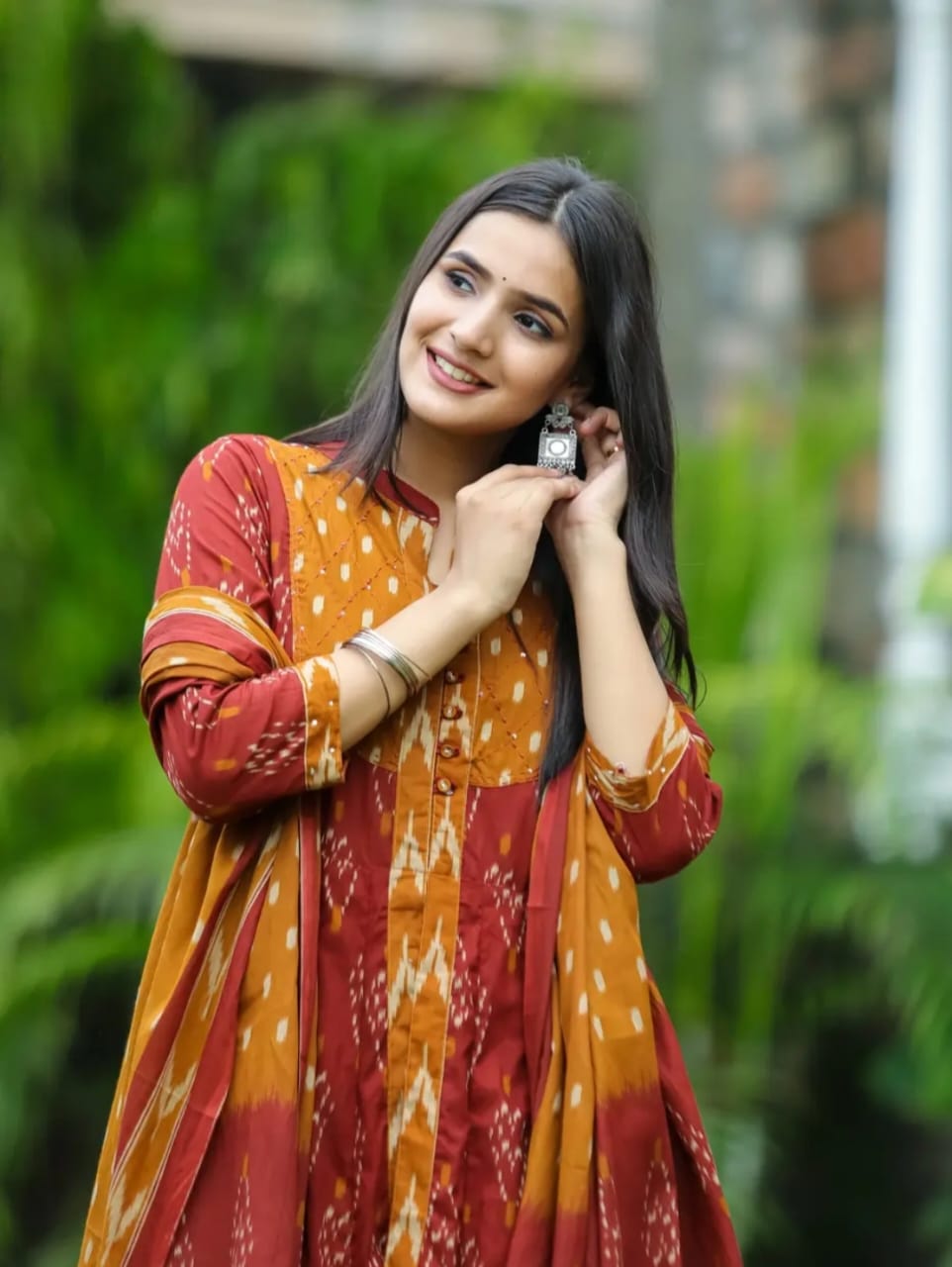 Maroon and Mustard Anarkali Ikat Style Kurta Set