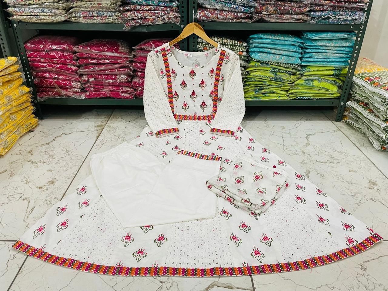 Schiffli White and Pink Anarkali Kurta Set