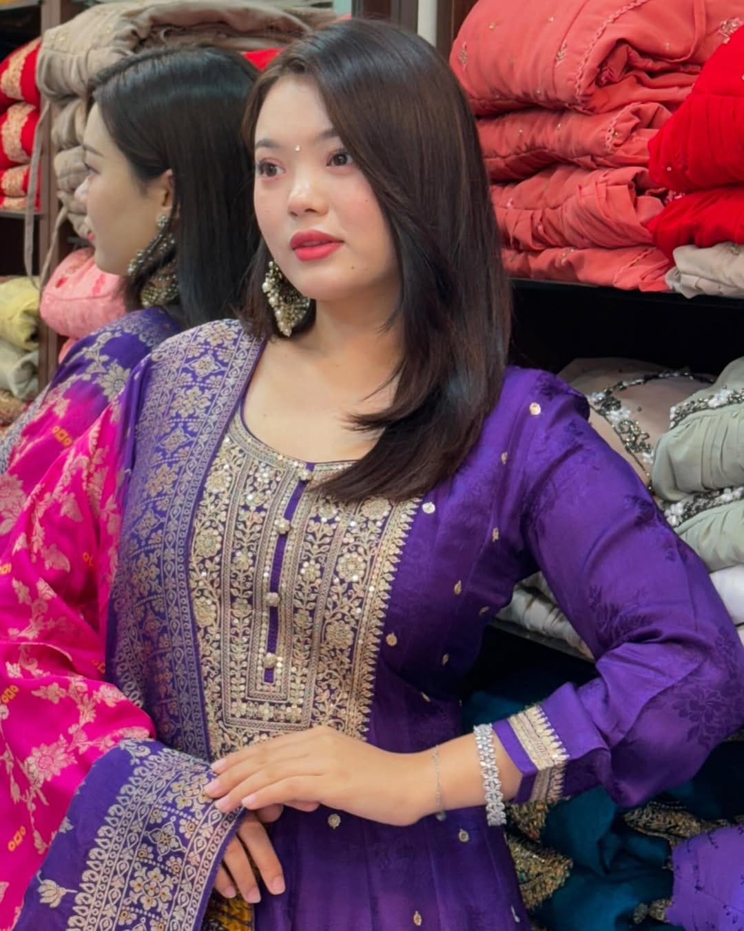 Purple Anarkali Flared Kurta Pant Dupatta Set