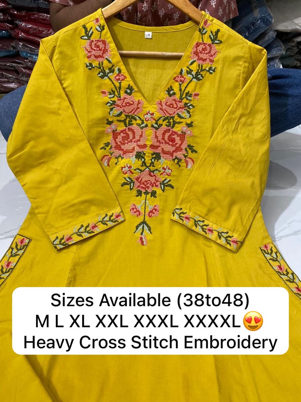 Yellow/Red Cross Stitched Kurta Pants Set