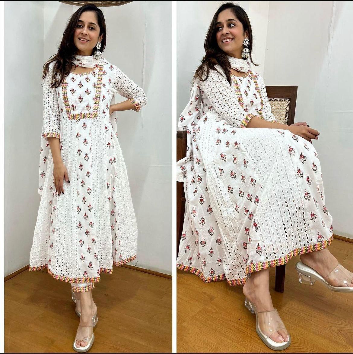 Schiffli White and Pink Anarkali Kurta Set