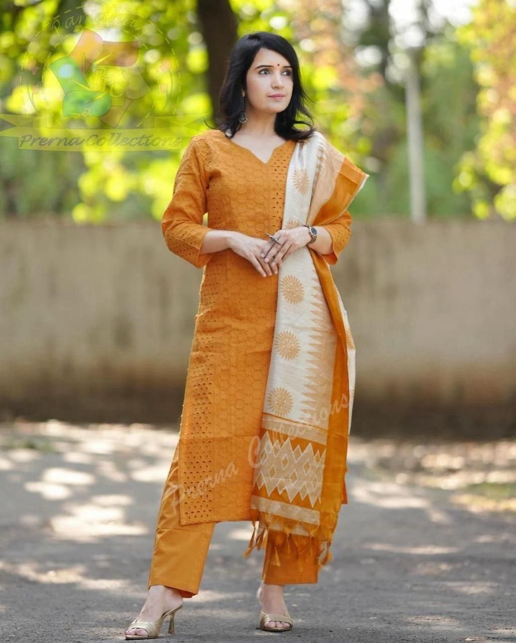 Schiffli Cotton Kurta Set with Ikat Style Khadi Dupatta