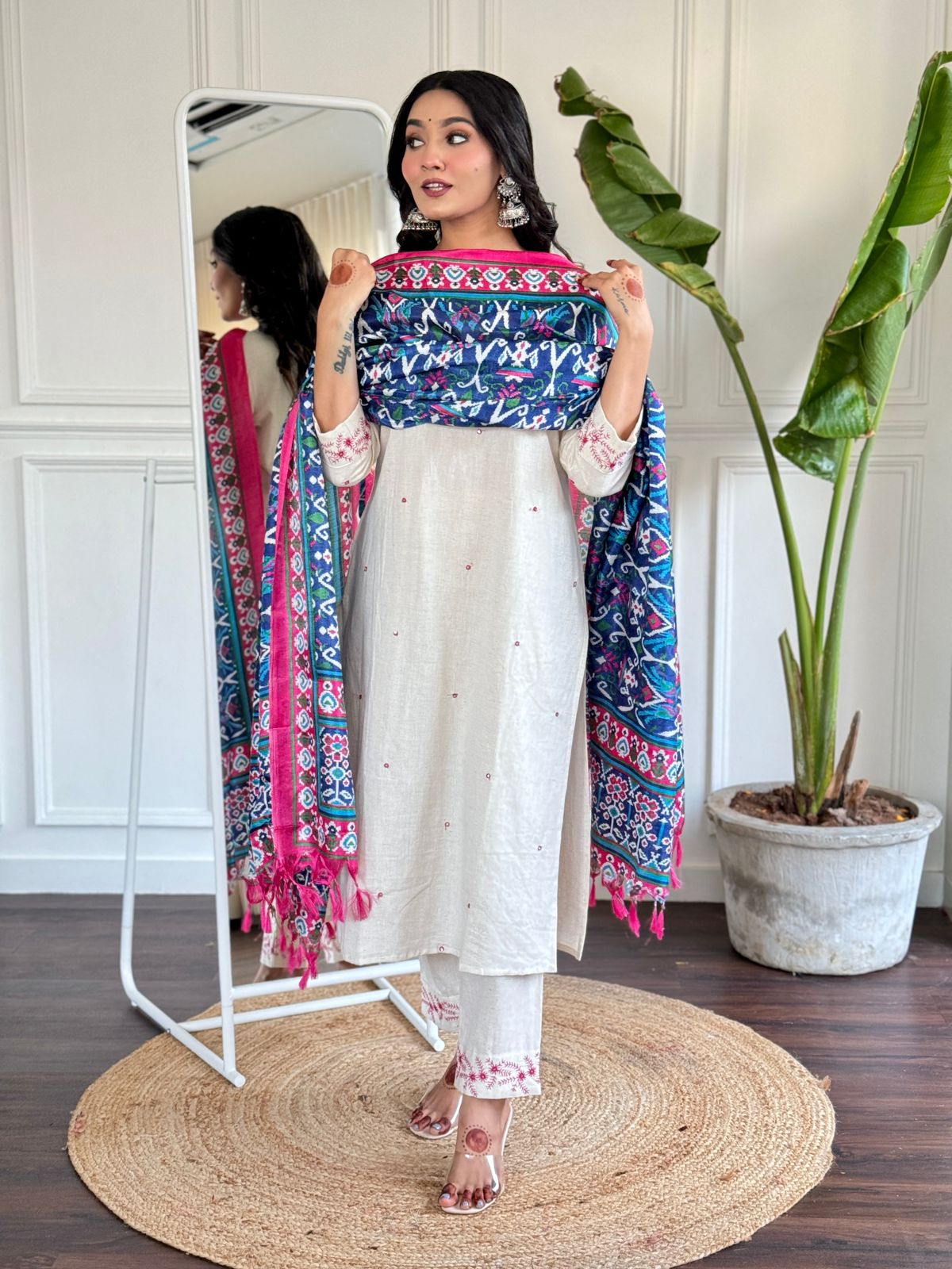 White Embroidered Kurta Set with Khadi Silk Dupatta