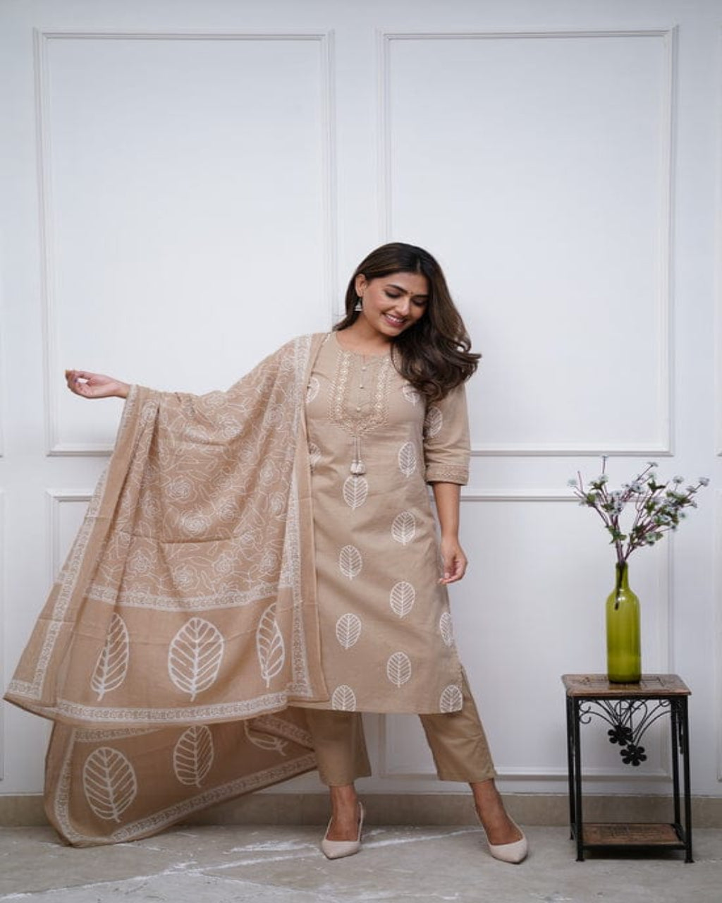 Beige Handblock Printed Cotton Kurta Set