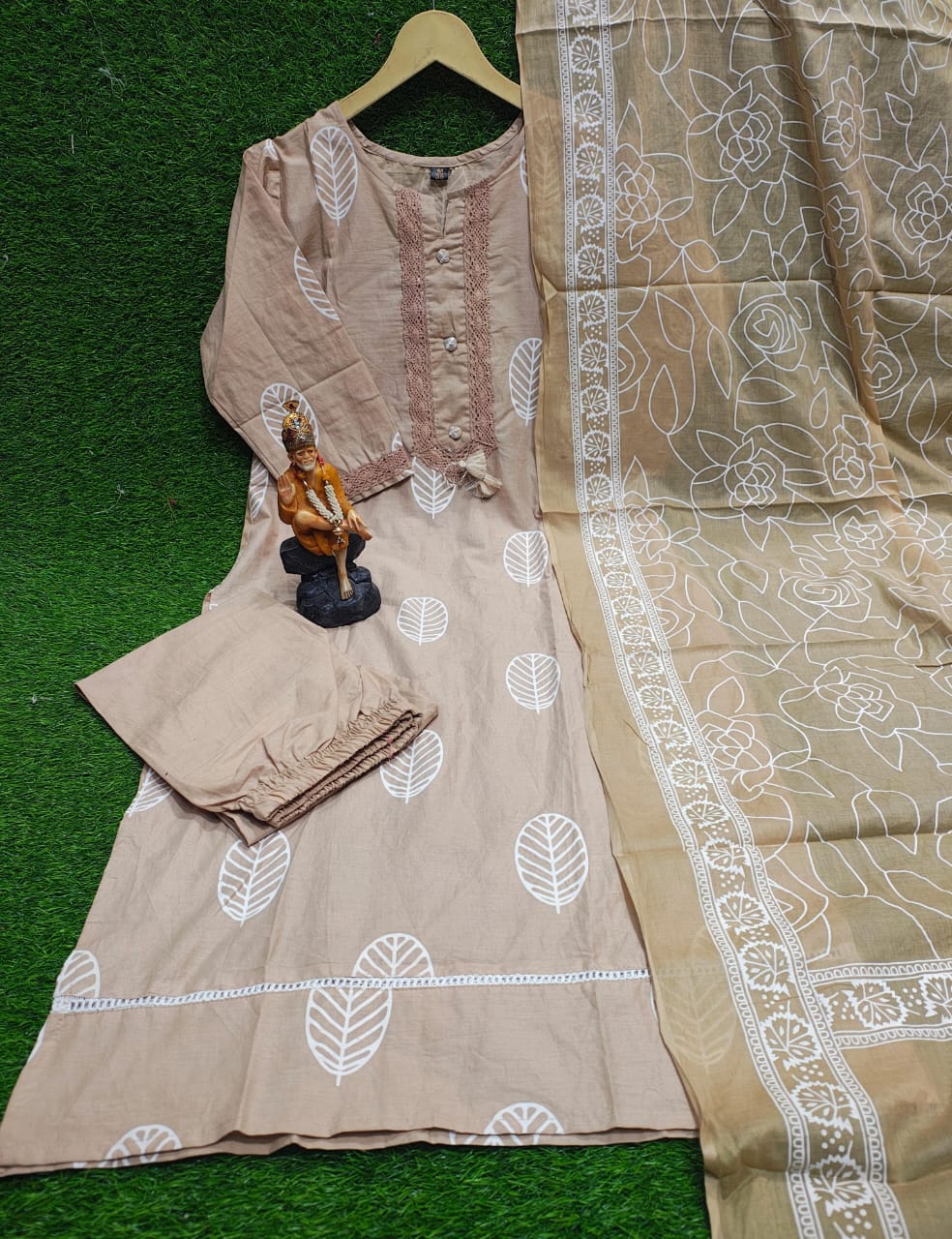 Beige Handblock Printed Cotton Kurta Set