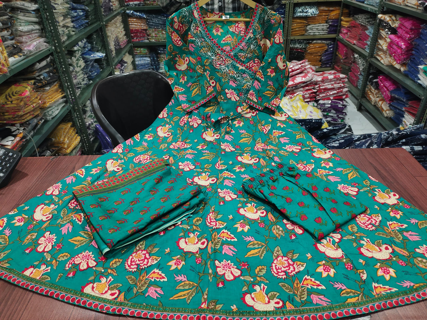 Green Cotton Angrakha Printed Kurta Set