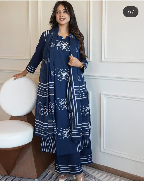 Red/Blue/Yellow Pure cotton Embroidered Kurta Set