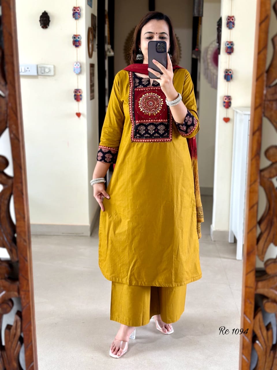 Red/Yellow Motif Embroidered Kurta Set