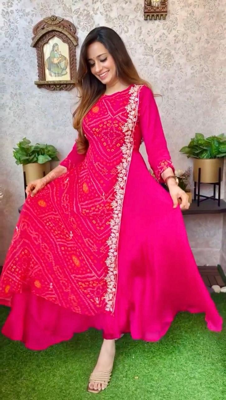 Pink/ Red/Yellow Bandhej Embroidered Festive Gown