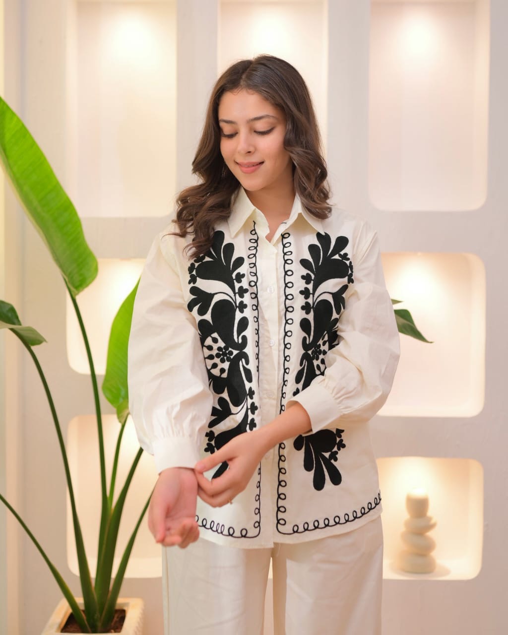 White and Black Embroidered Coord Set