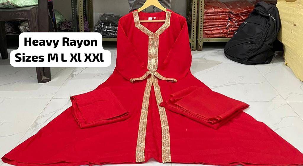 Red Embellished Front Slit Kurta Set