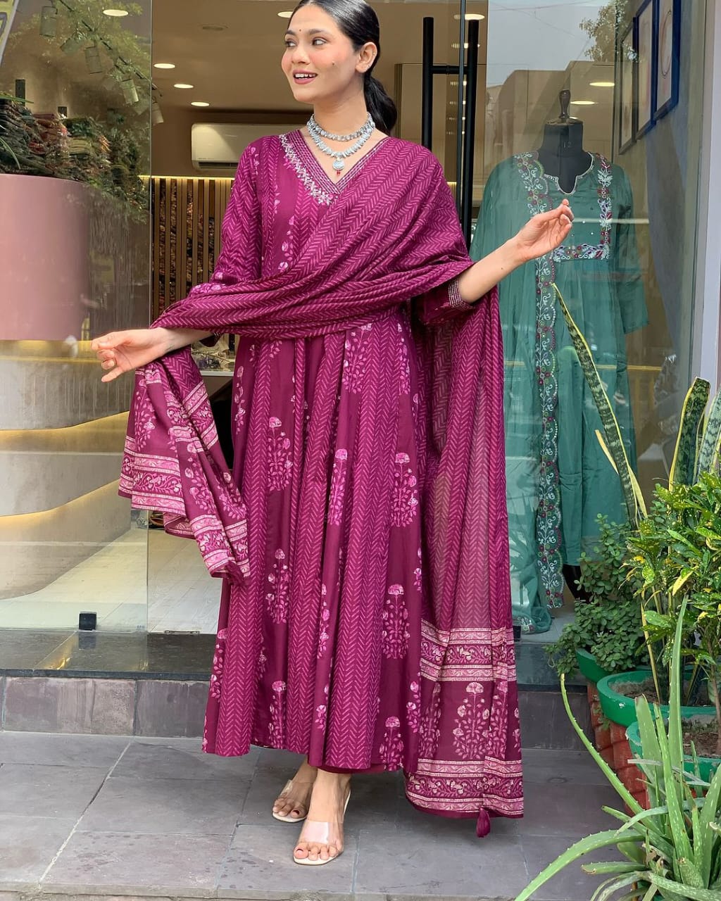 Cotton Block Printed A Line Kurta Set