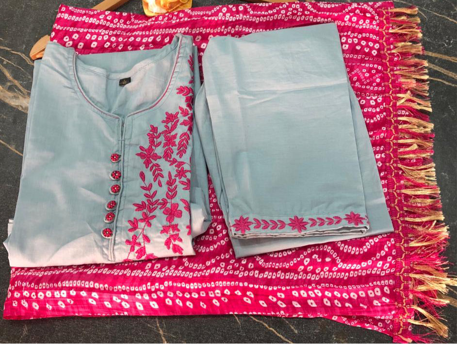 Grey and Pink Cotton Embroidered Kurta Set