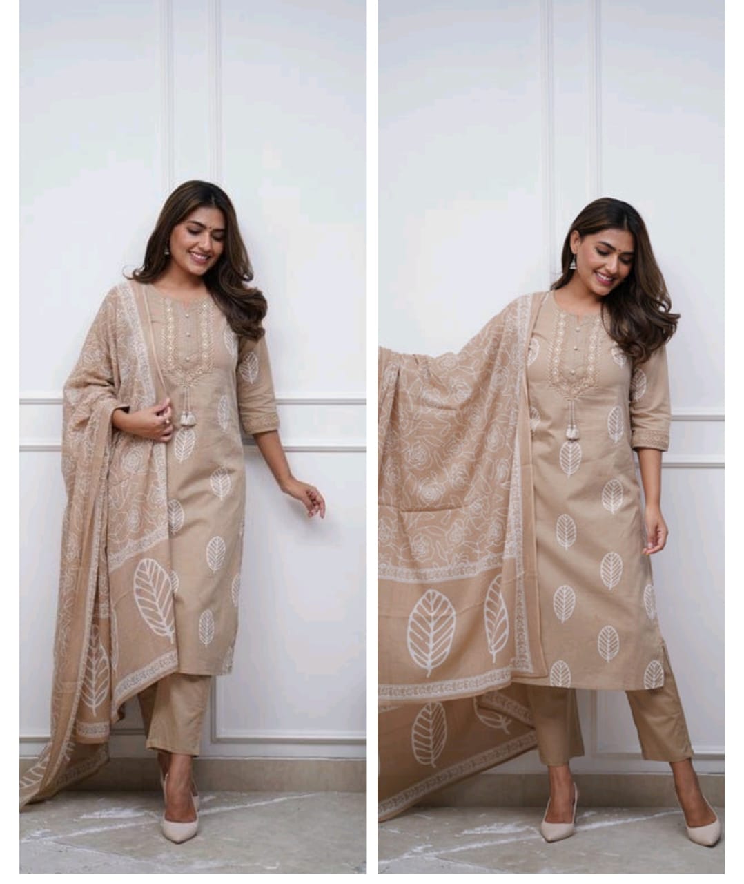 Beige Handblock Printed Cotton Kurta Set