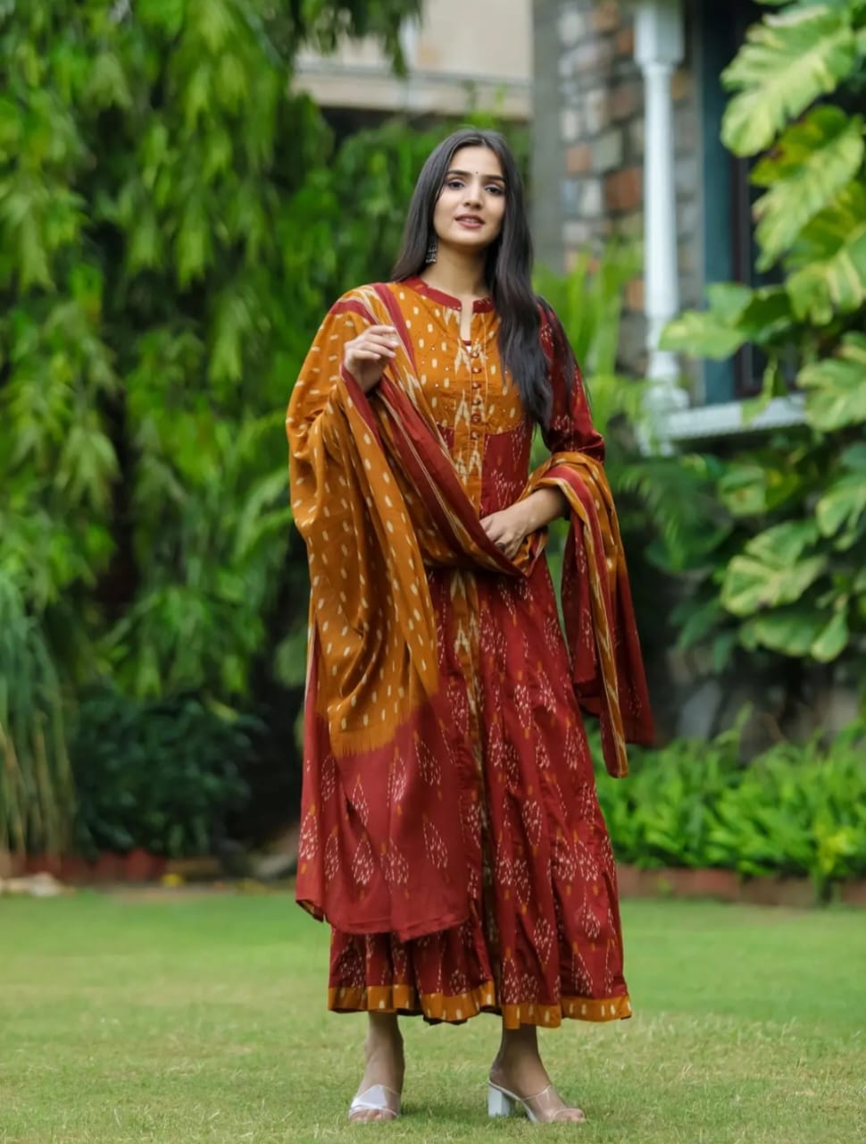 Maroon and Mustard Anarkali Ikat Style Kurta Set