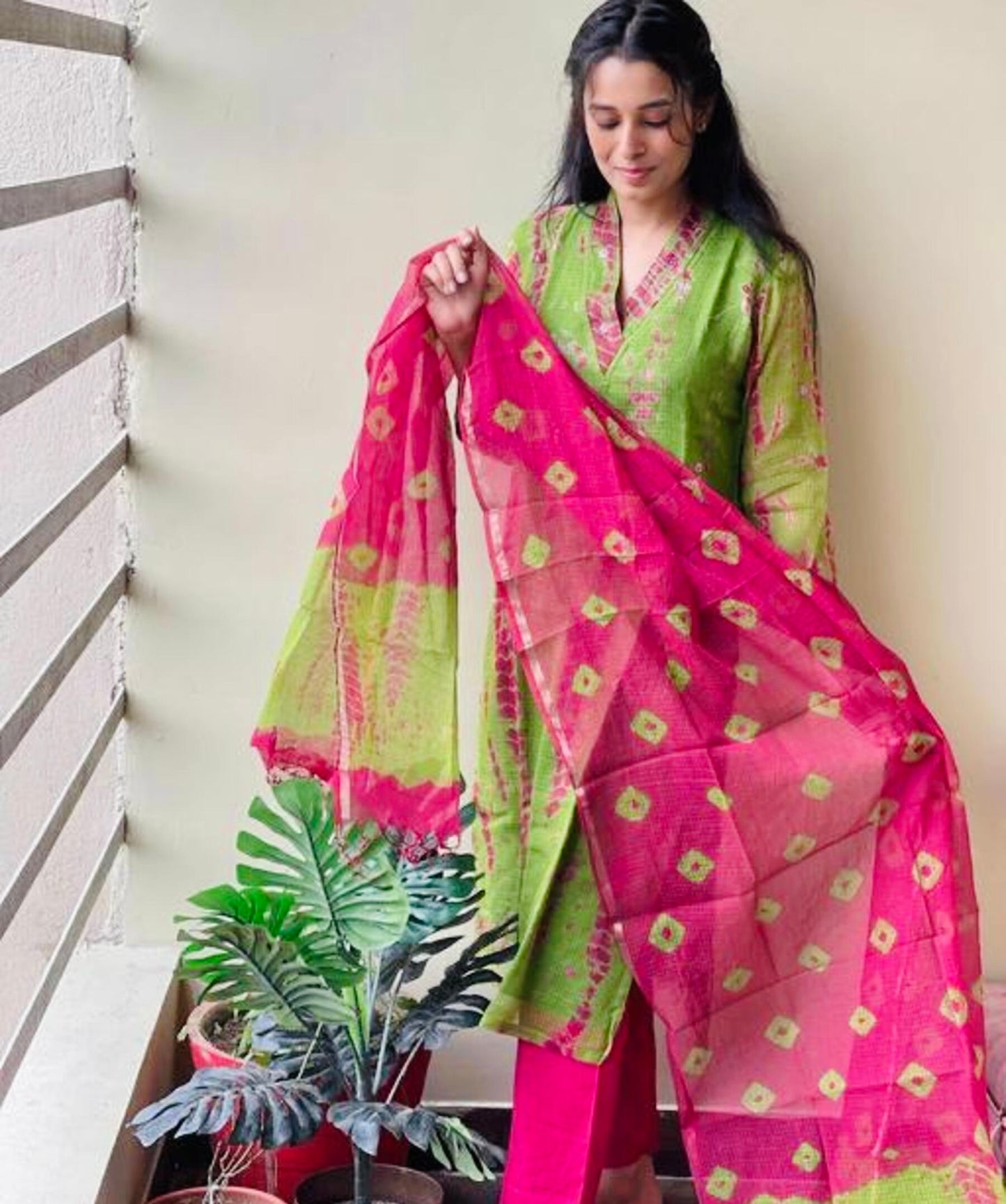 Pink And Green Bandhej Printed Kurta Set With Dupatta