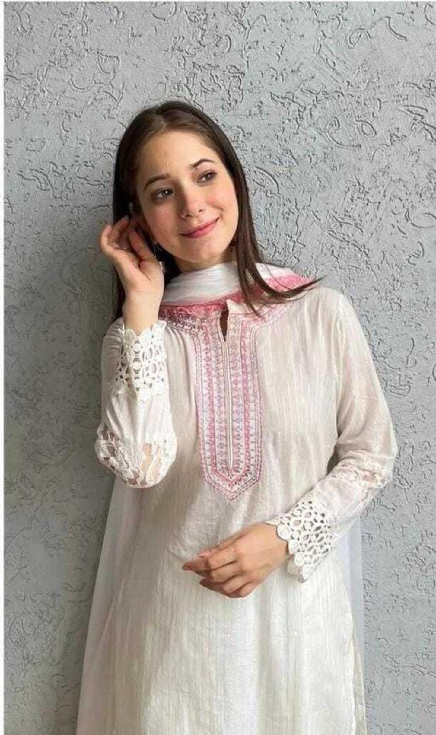 White And Pink Lace Work Kurta Set