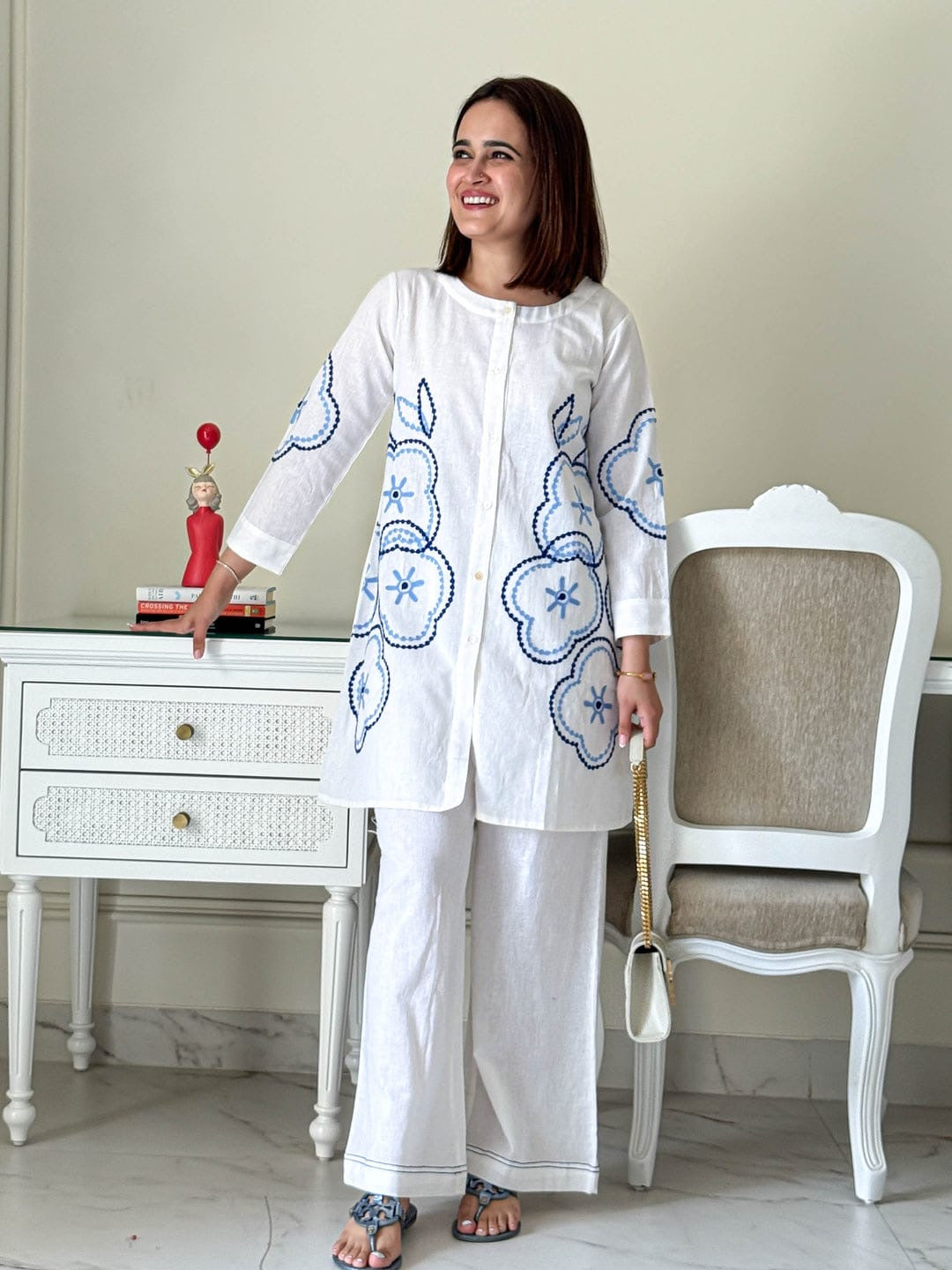 White/Blue/Black Embroidered Coord Set