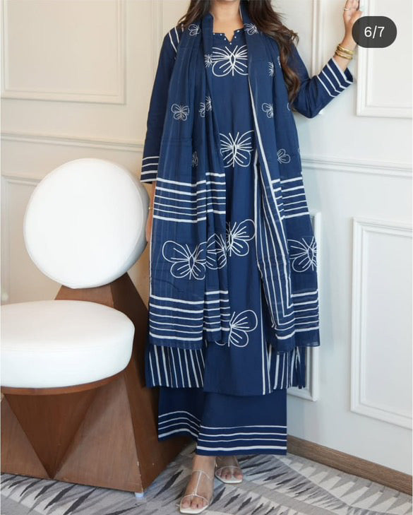 Red/Blue/Yellow Pure cotton Embroidered Kurta Set