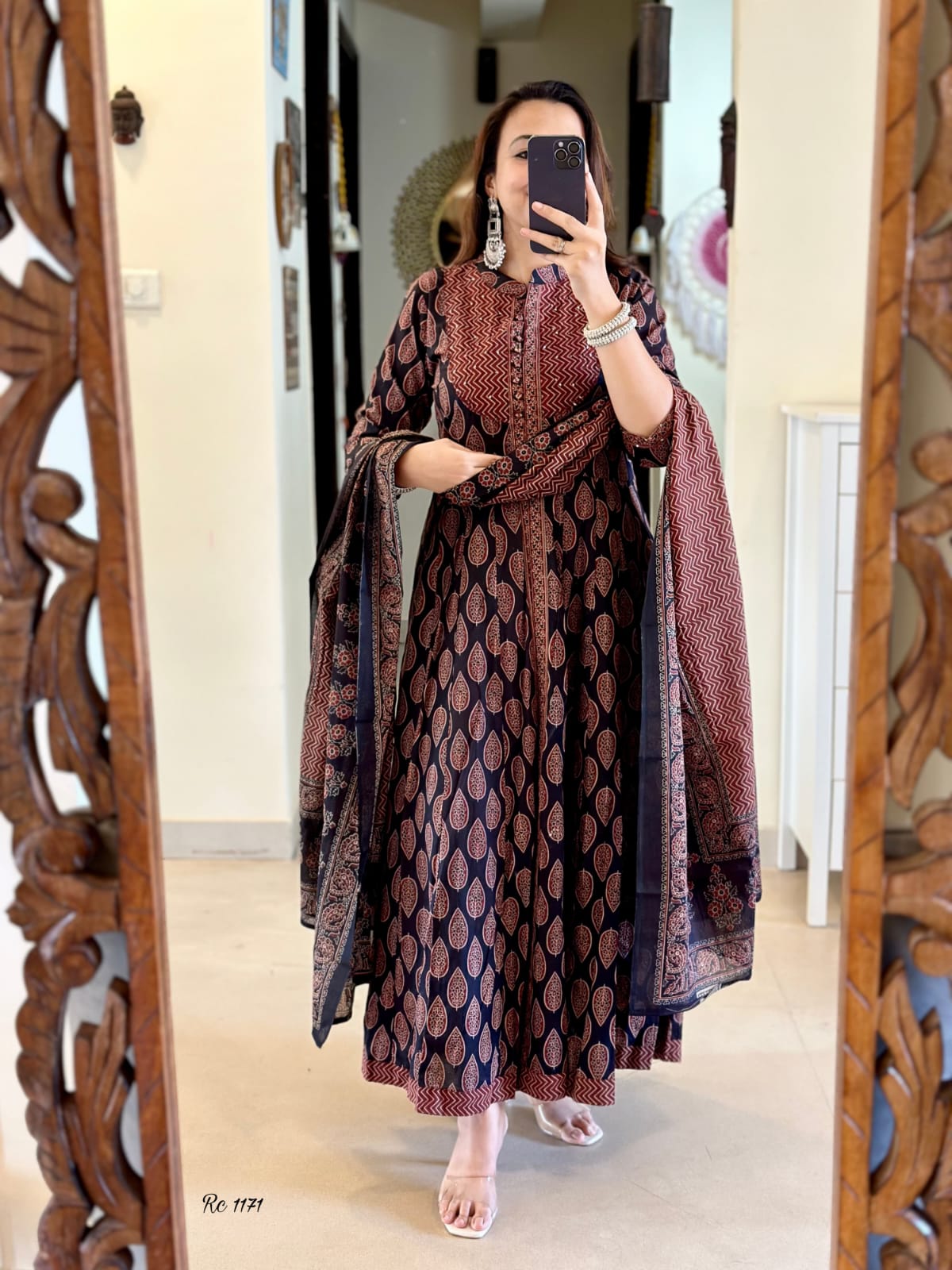 Brown and Black Block Printed Kurta Set