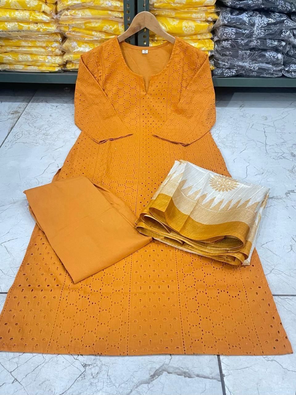Schiffli Cotton Kurta Set with Ikat Style Khadi Dupatta