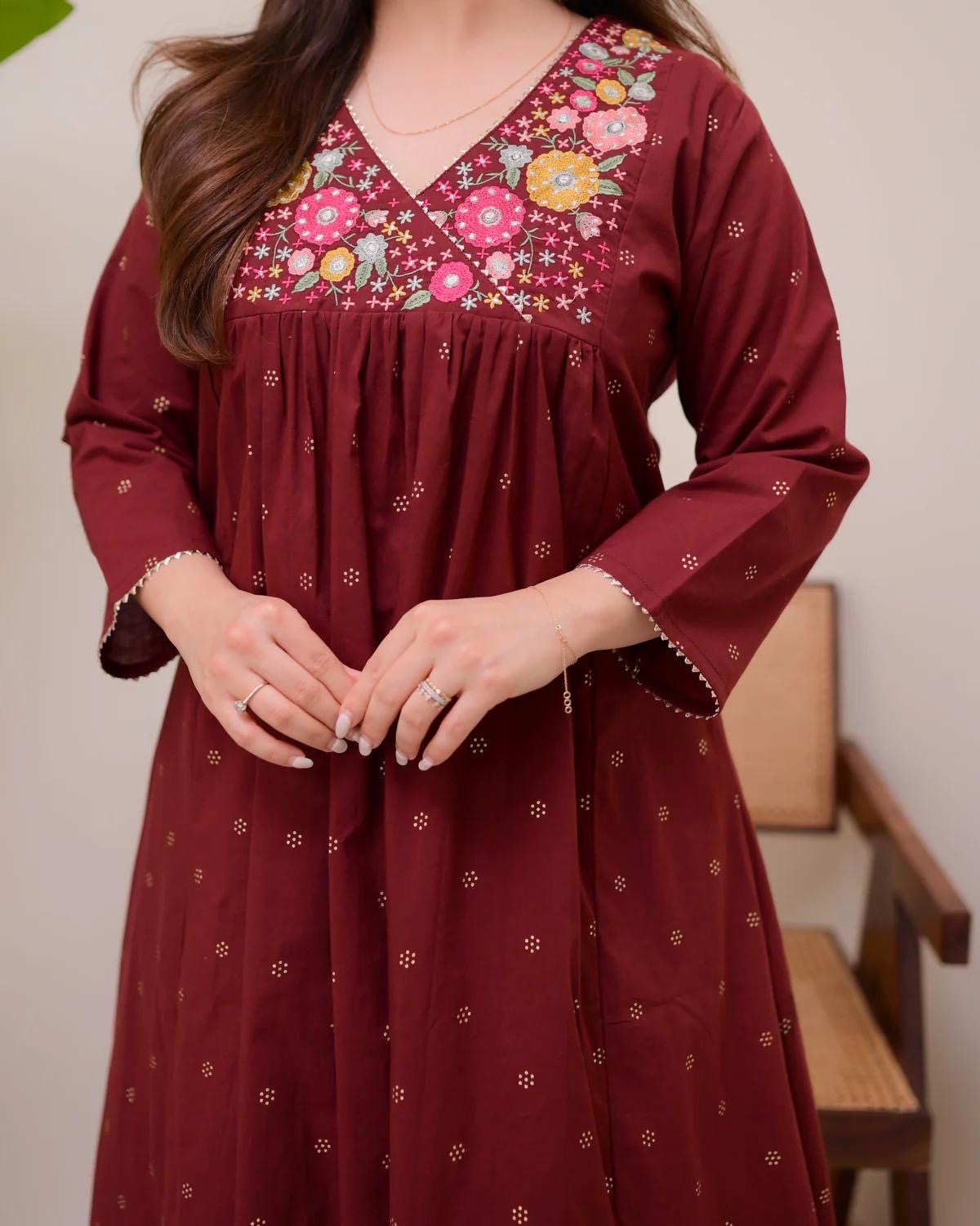 Black/Maroon A Line Embroidered
Kurta Set