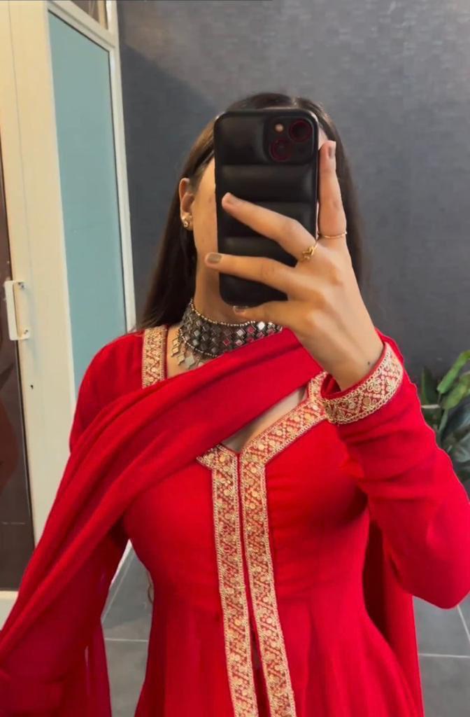 Red Embellished Front Slit Kurta Set