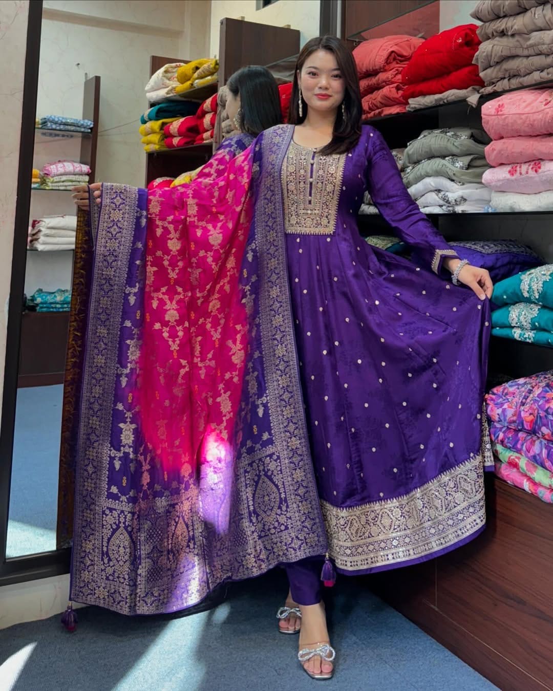 Purple Anarkali Flared Kurta Pant Dupatta Set