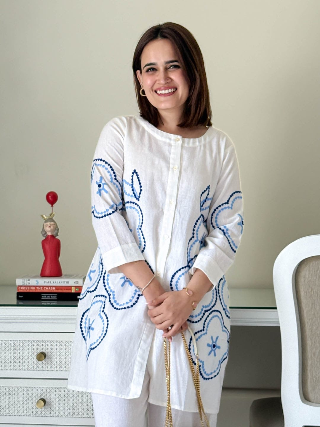 White/Blue/Black Embroidered Coord Set