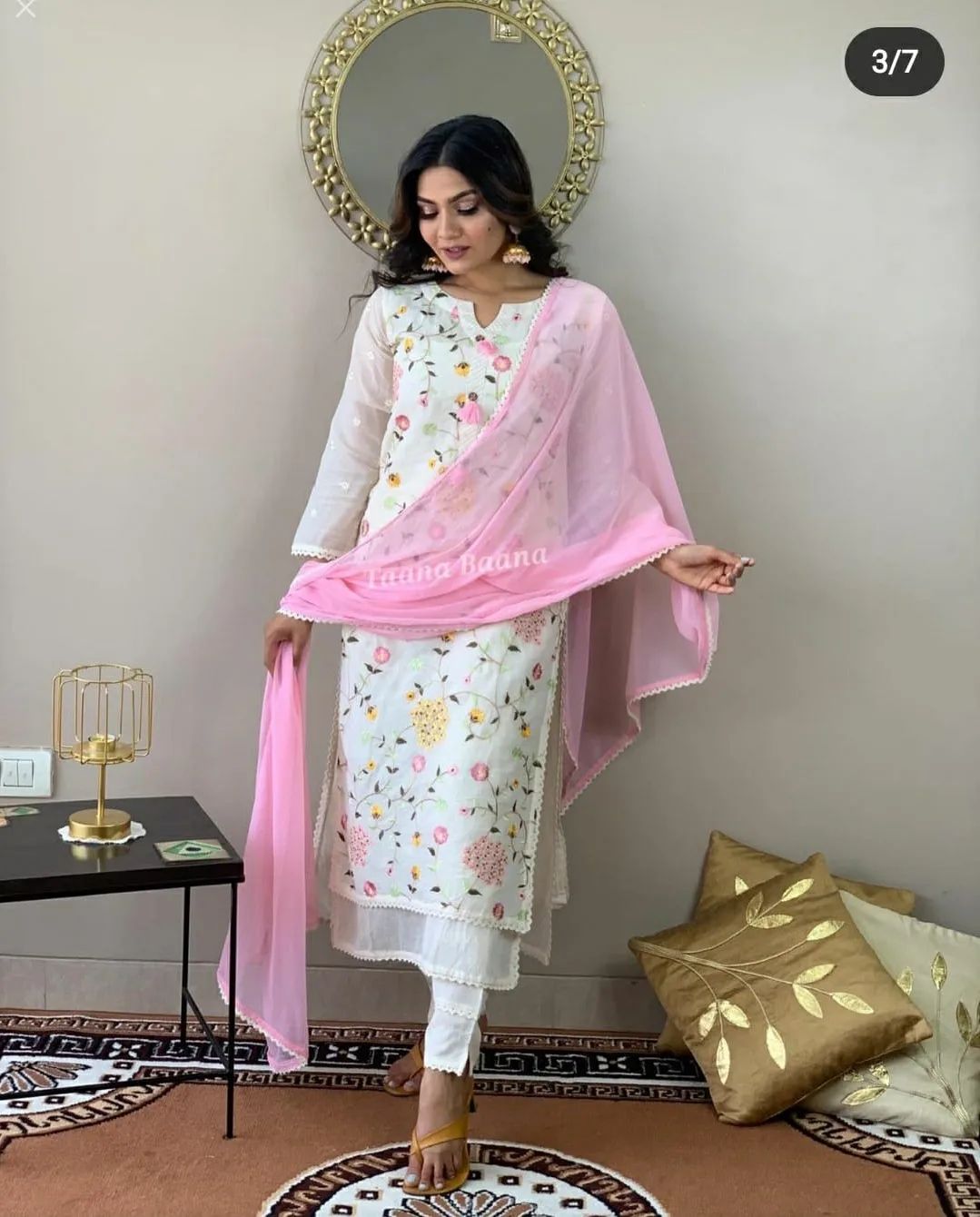 White and Pink Floral Embroidered Cotton Kurta Set