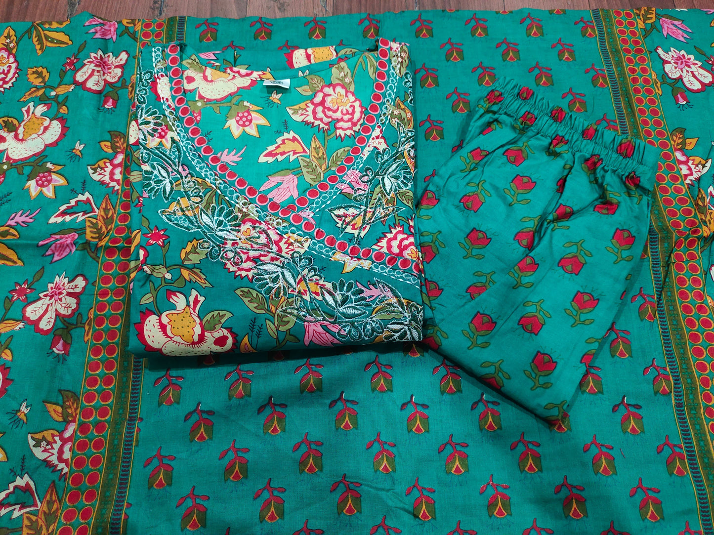 Green Cotton Angrakha Printed Kurta Set