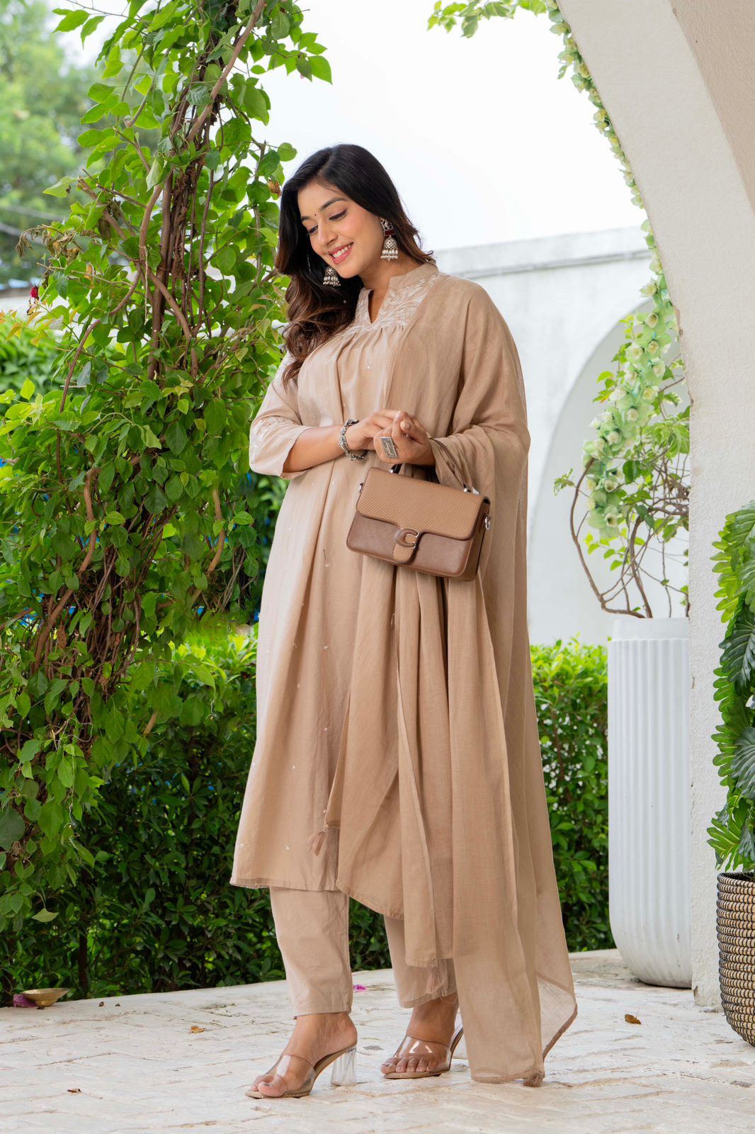Beige Aari Embroidered Kurta Set