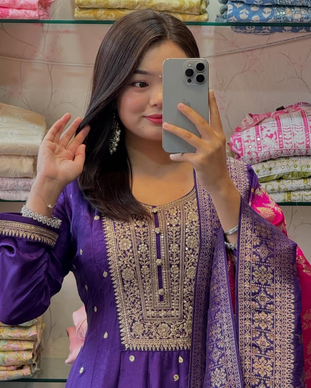 Purple Anarkali Flared Kurta Pant Dupatta Set