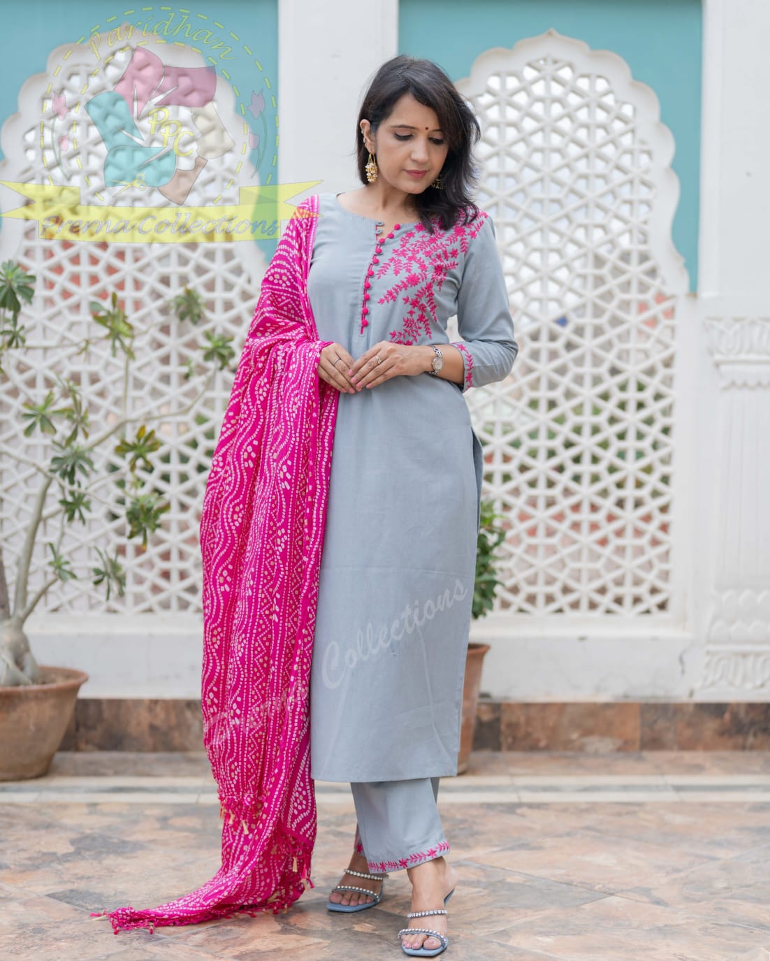 Grey and Pink Cotton Embroidered Kurta Set