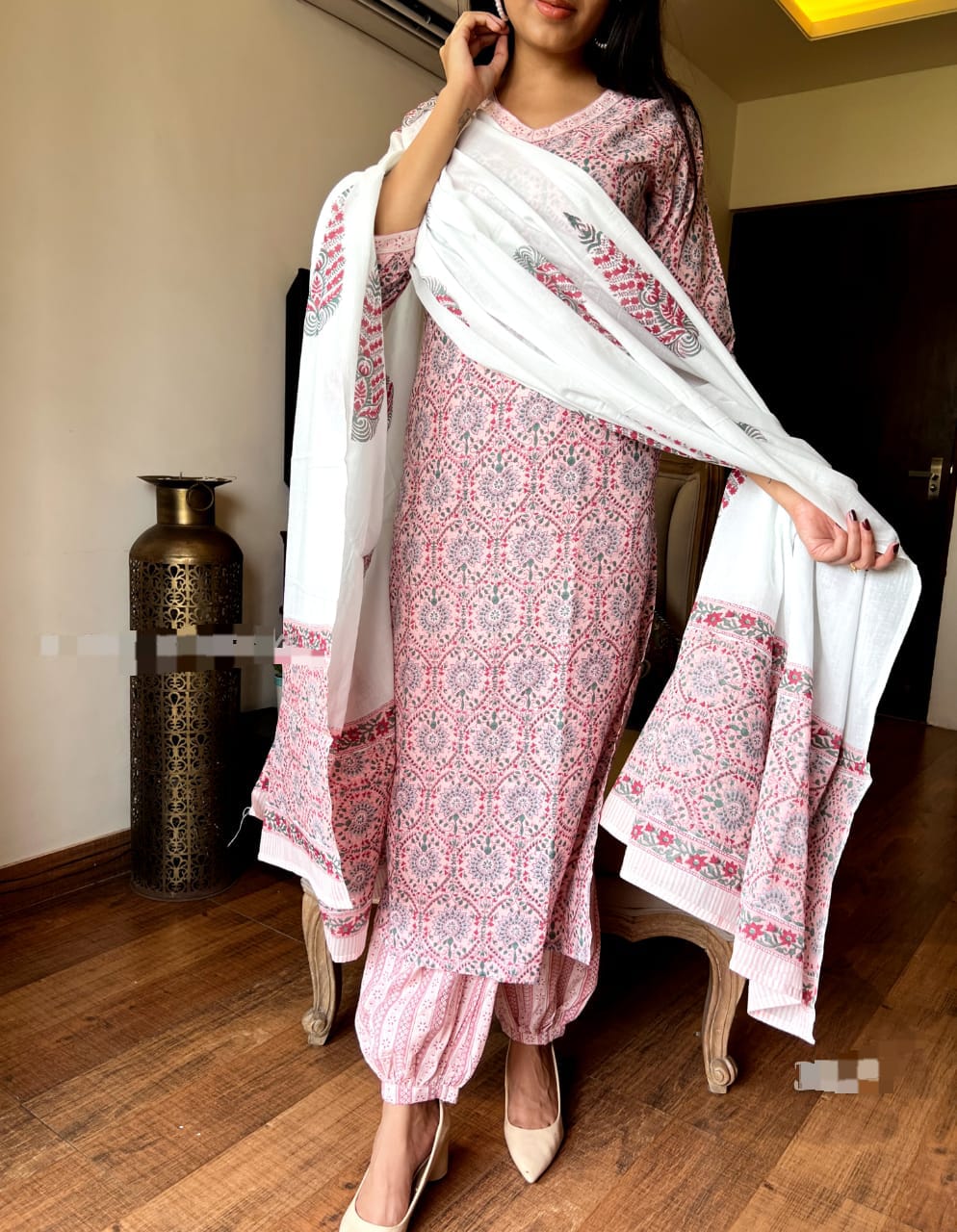 Pink Printed Kurta Set with Afghani Pants
