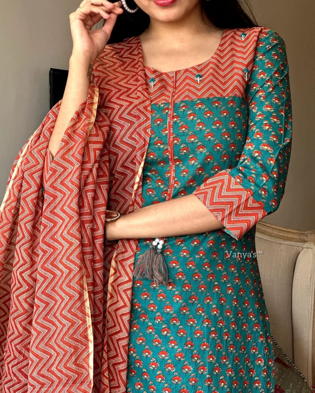 Green and Orange Cotton Kurta Set