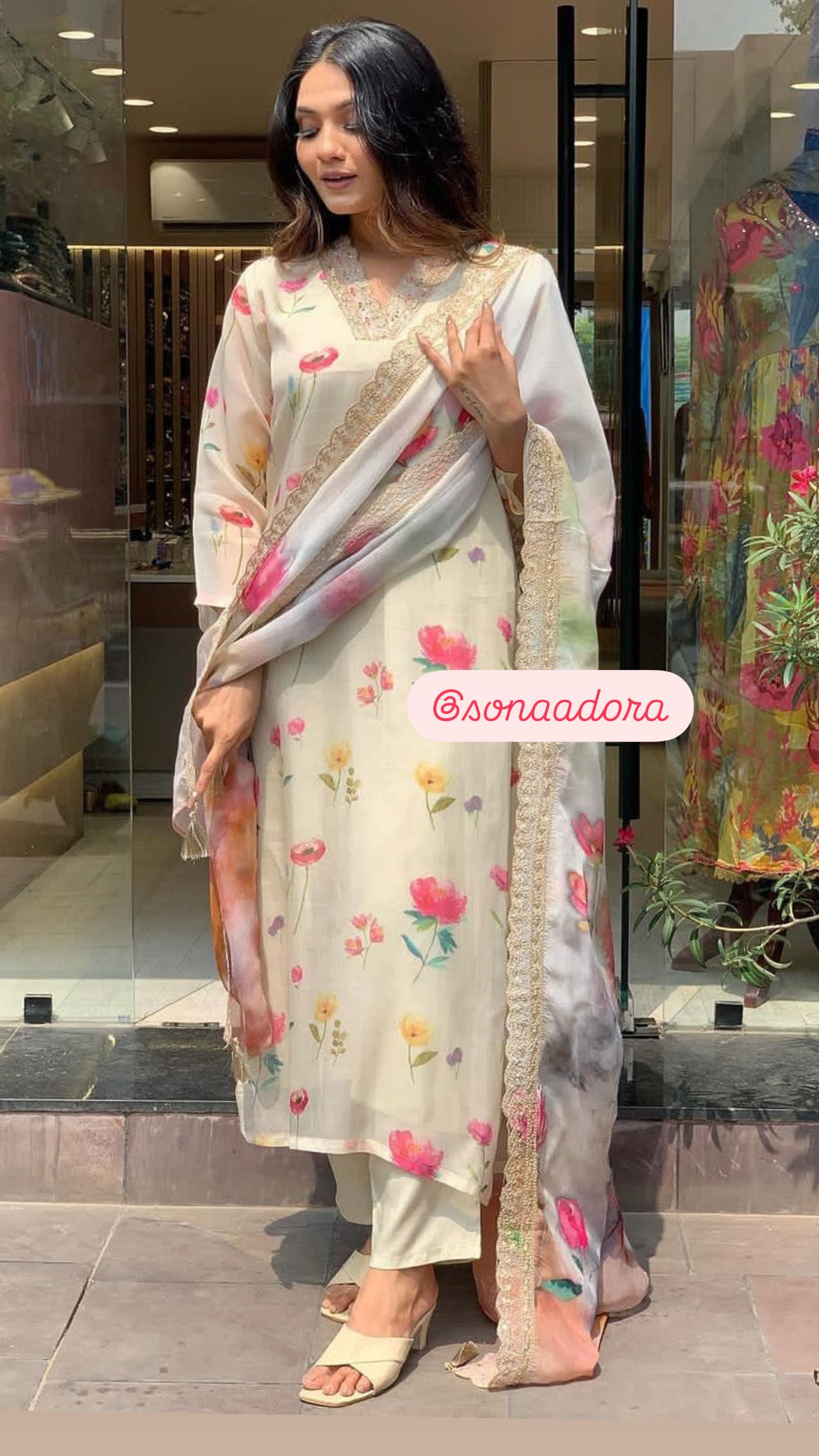 Cream Floral Chanderi Kurta Set