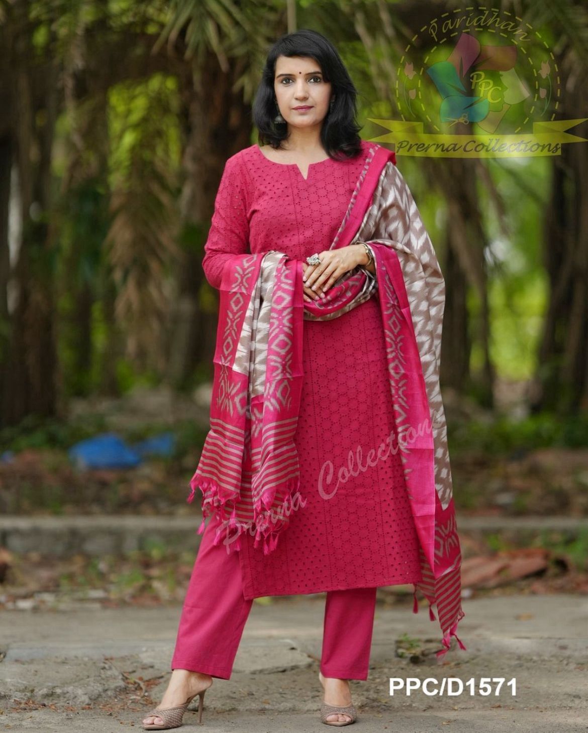 Schiffli Cotton Kurta Set with Ikat Style Khadi Dupatta