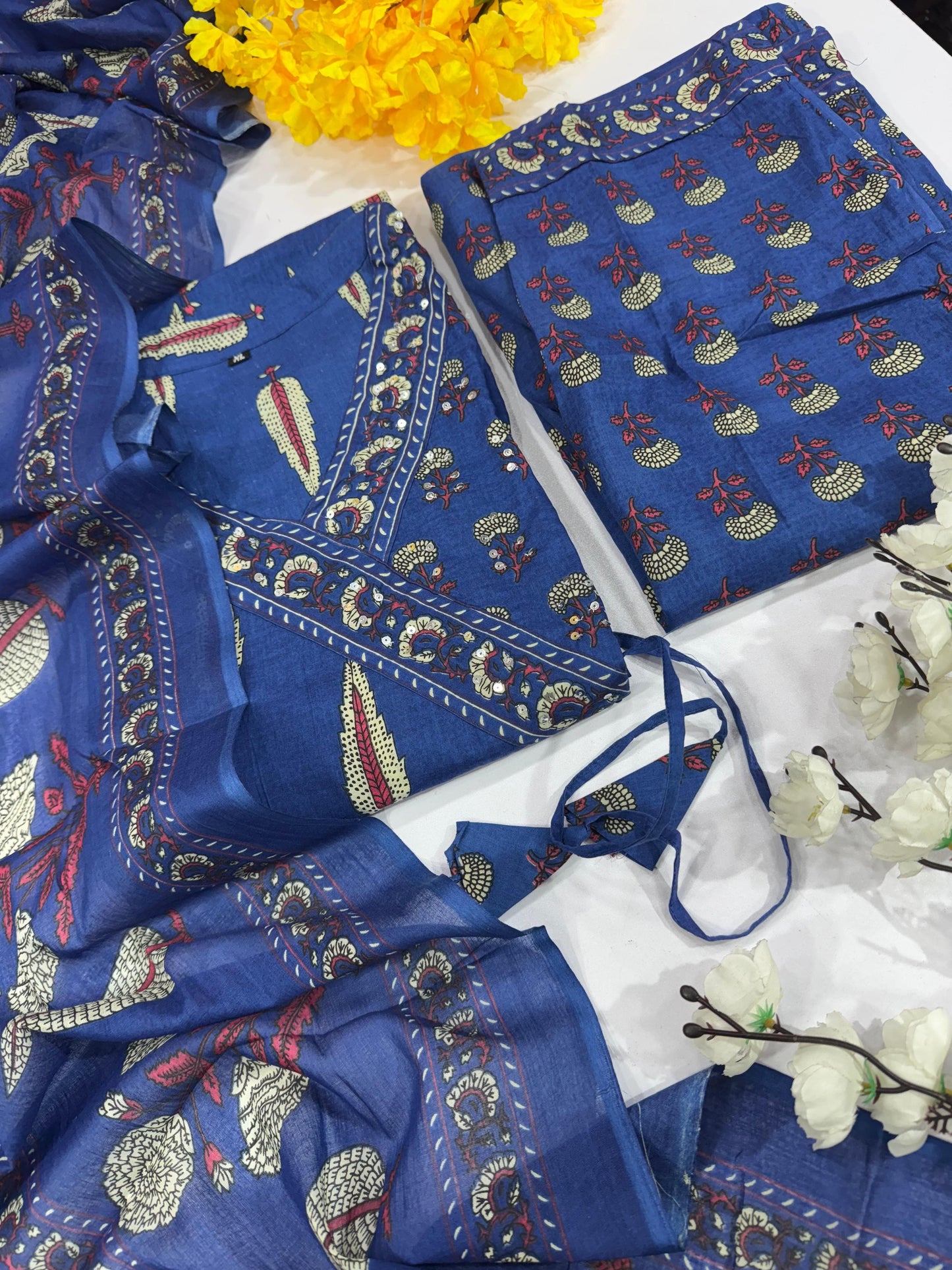 Blue Cotton Angrakha Block Printed Kurta Set