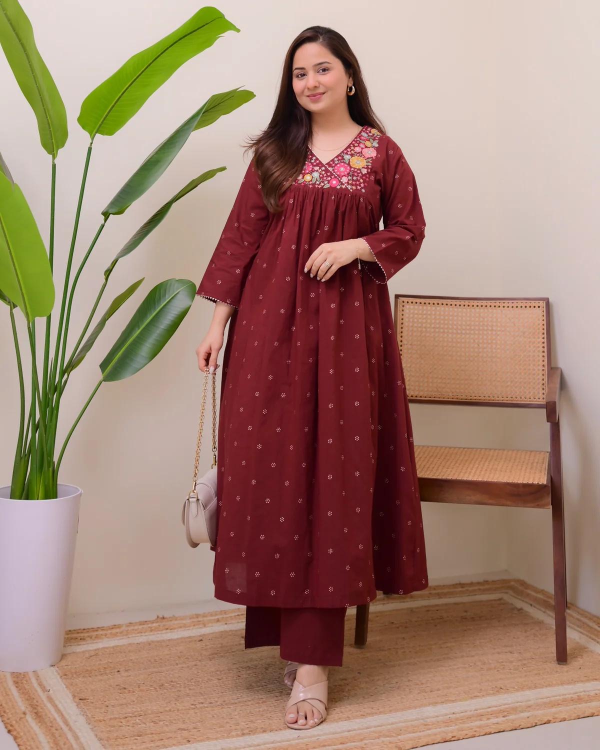 Black/Maroon A Line Embroidered
Kurta Set