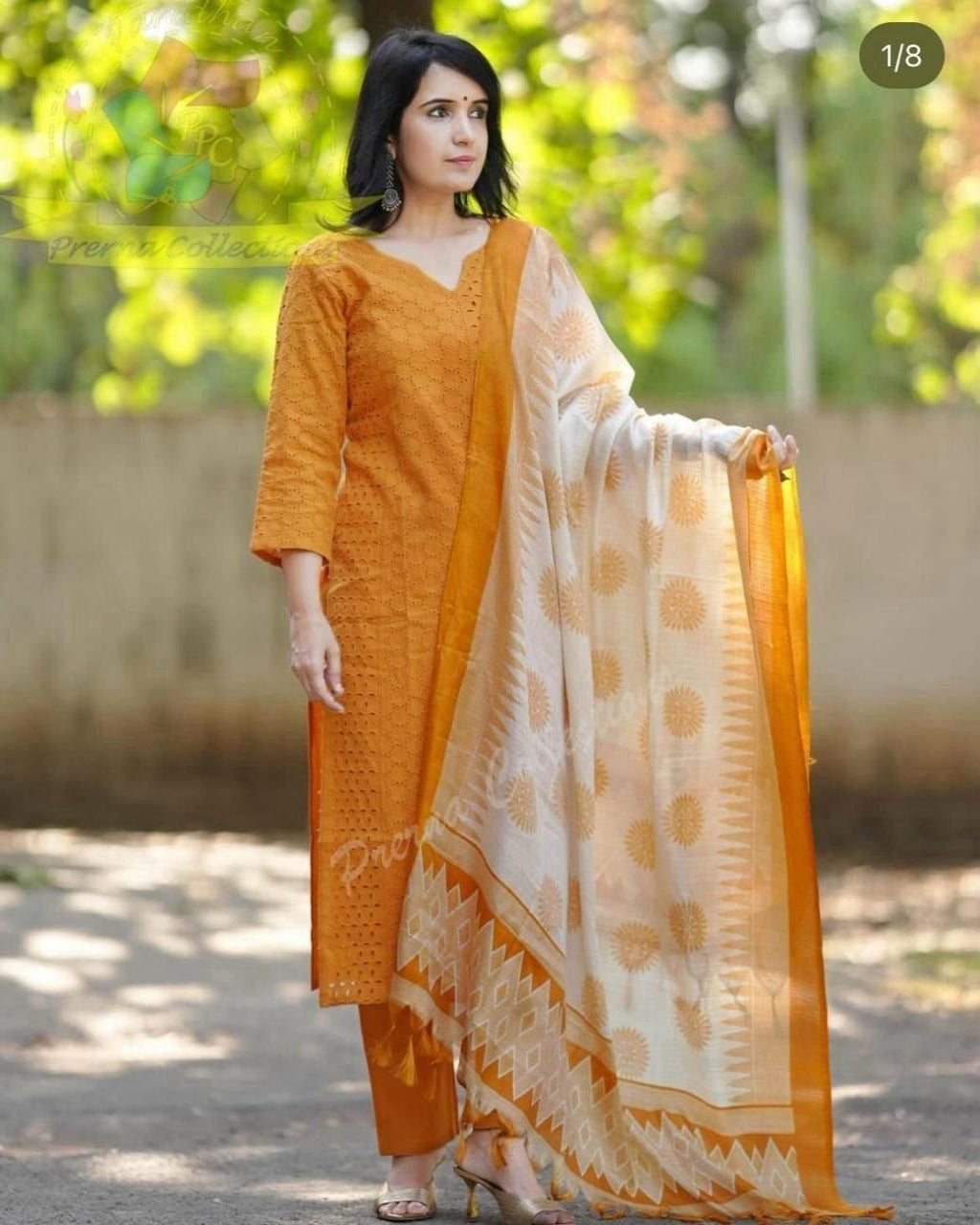 Schiffli Cotton Kurta Set with Ikat Style Khadi Dupatta