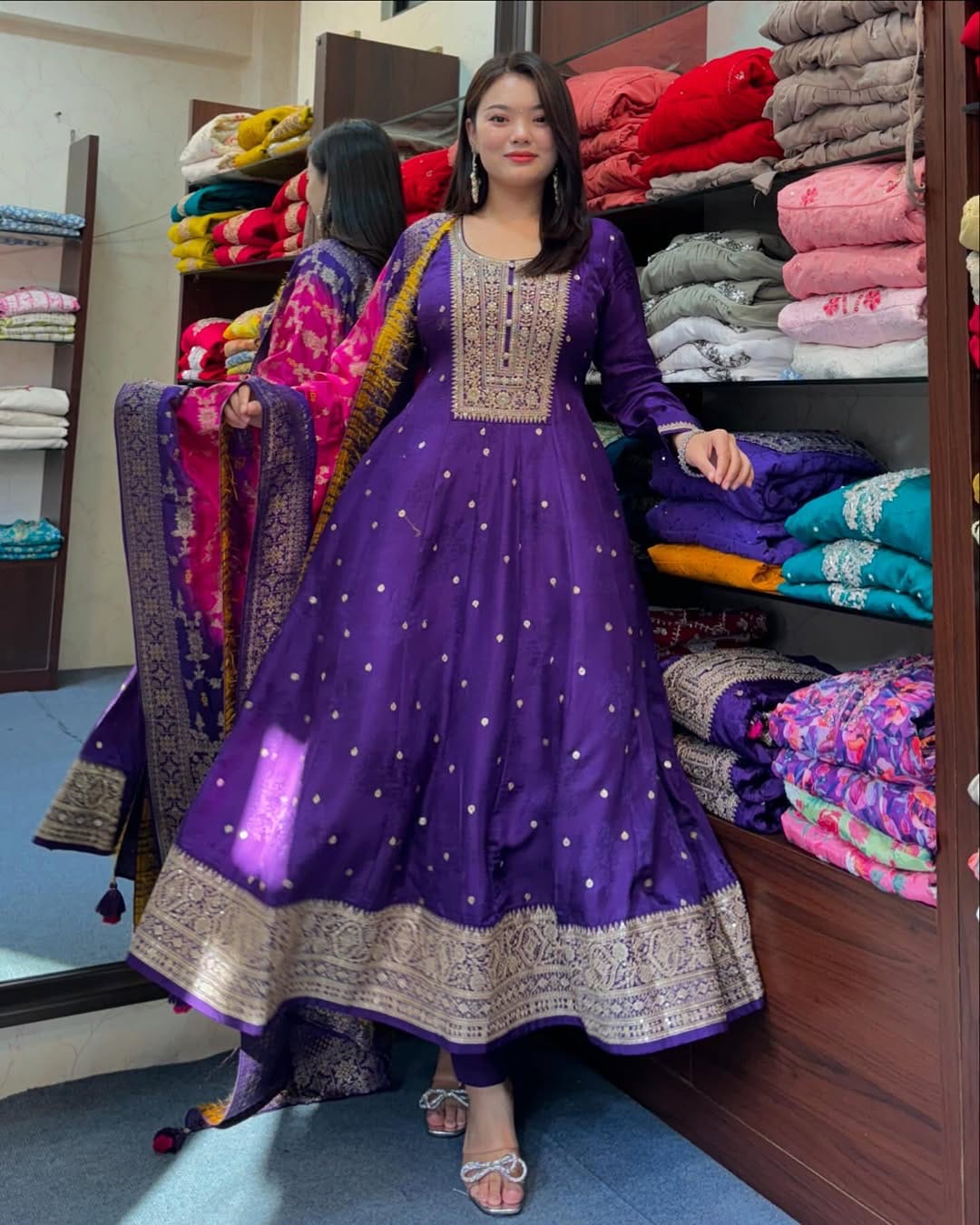 Purple Anarkali Flared Kurta Pant Dupatta Set