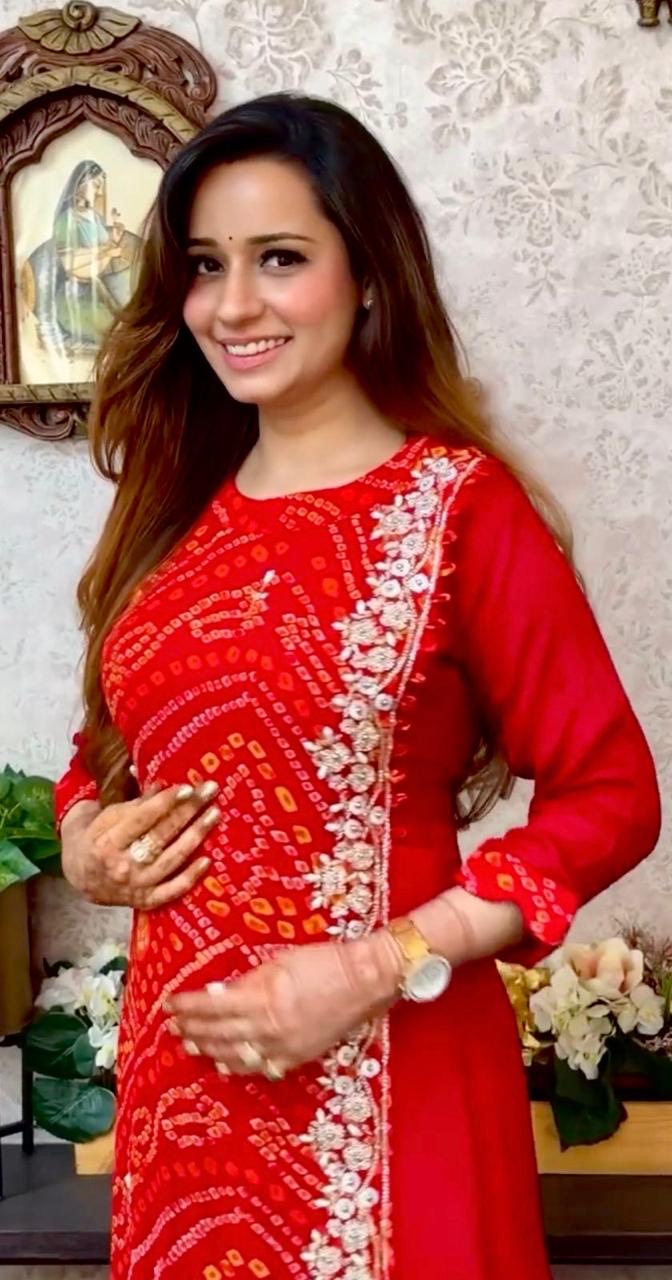 Pink/ Red/Yellow Bandhej Embroidered Festive Gown