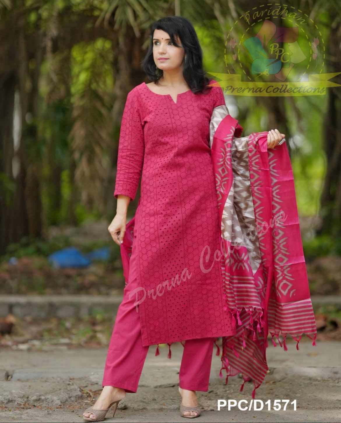 Schiffli Cotton Kurta Set with Ikat Style Khadi Dupatta