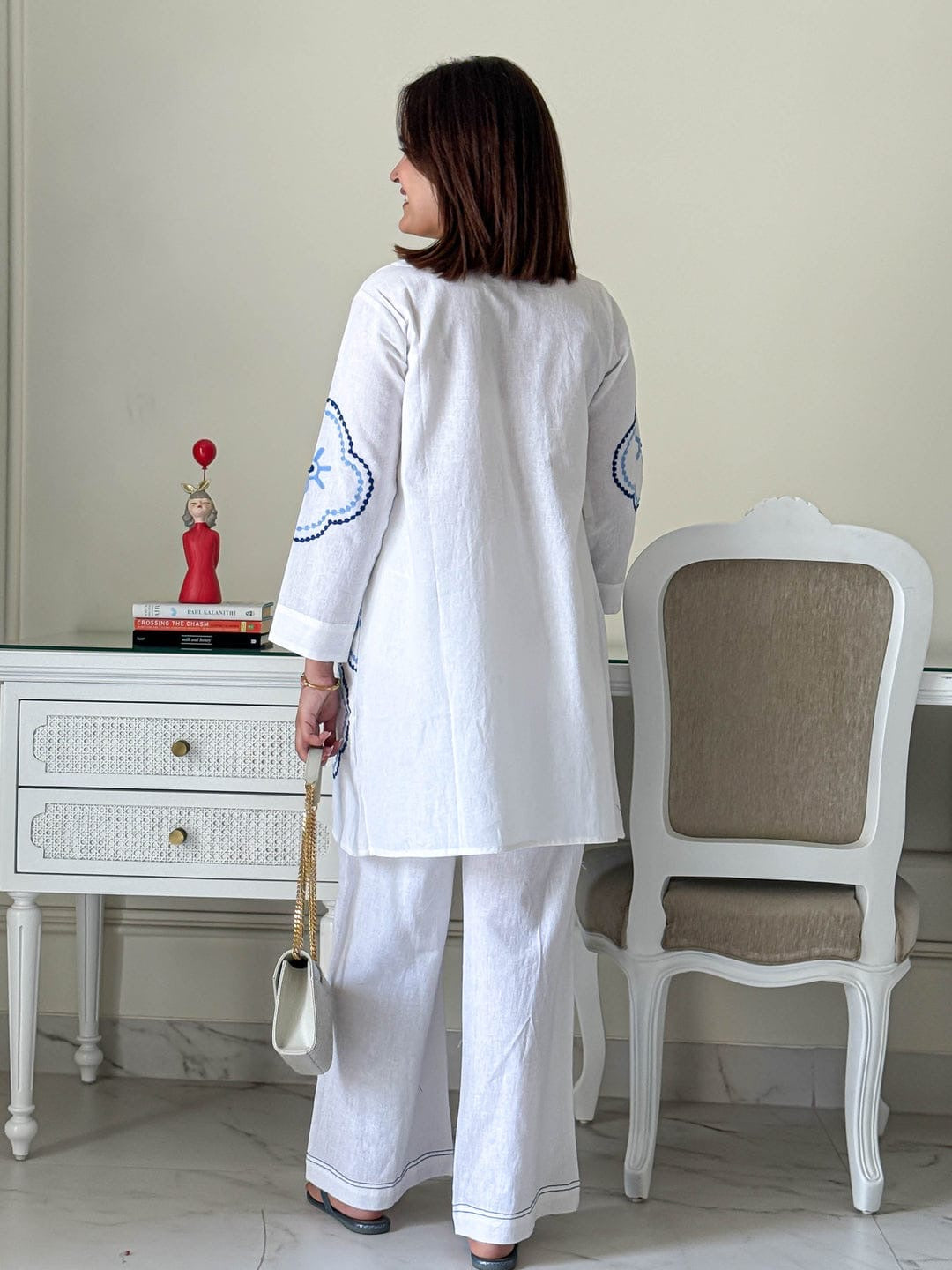 White/Blue/Black Embroidered Coord Set
