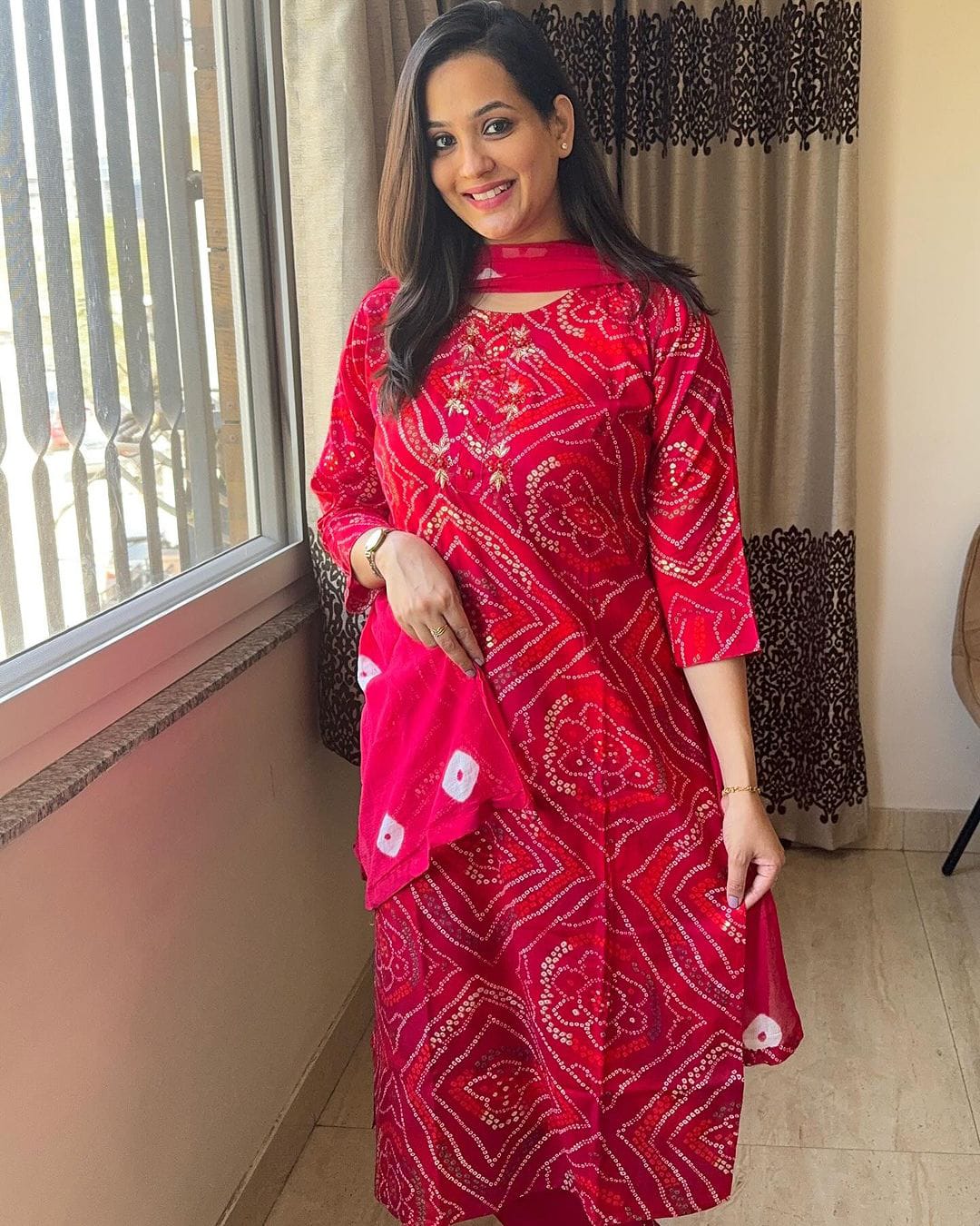 Red Bandhani Kurta Set