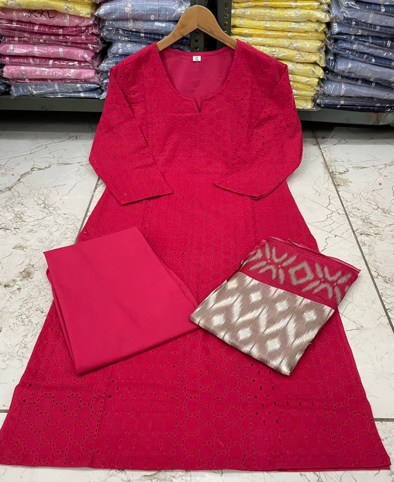 Schiffli Cotton Kurta Set with Ikat Style Khadi Dupatta