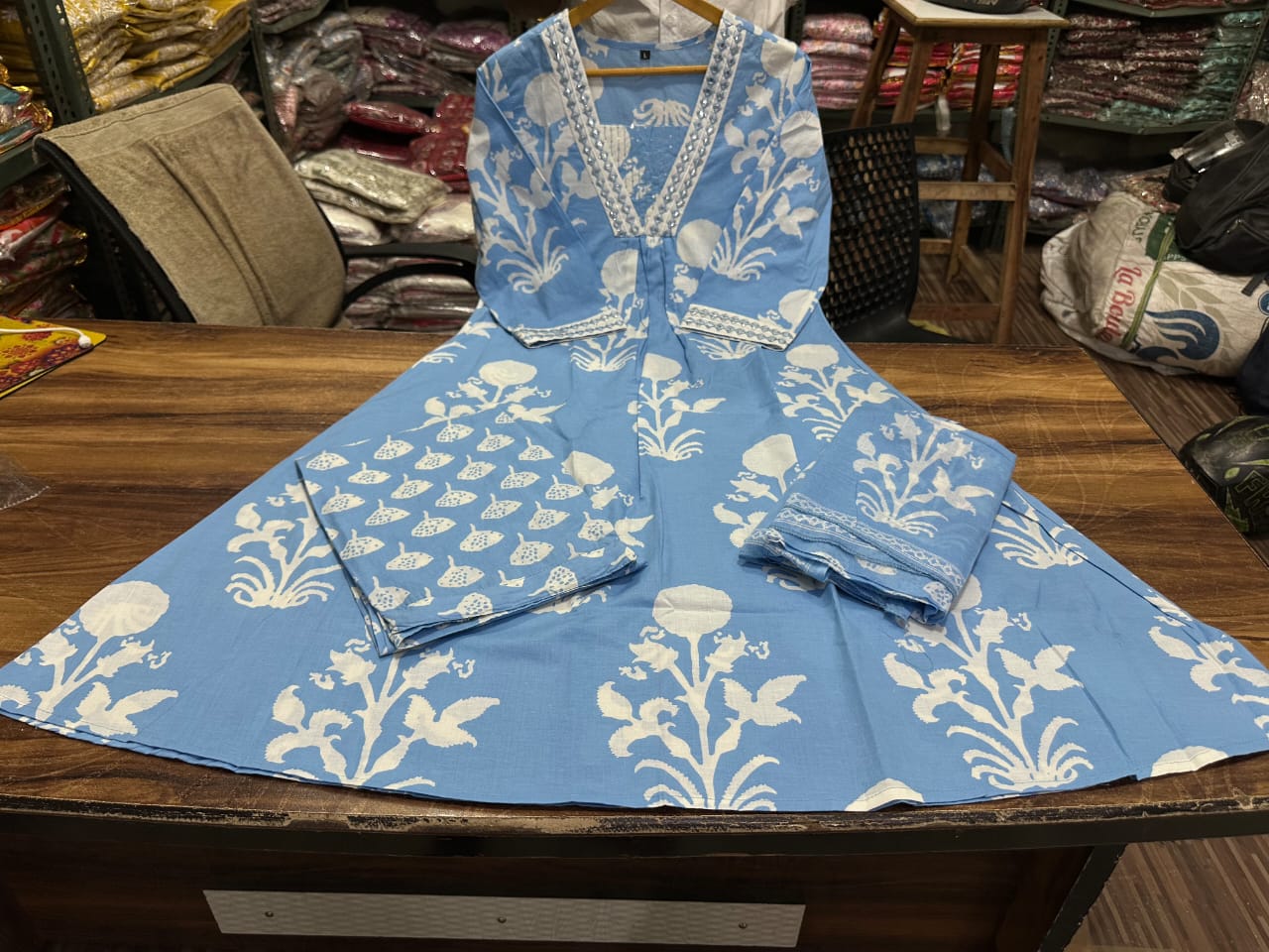 Blue Cotton Sanganer Print Kurta Set